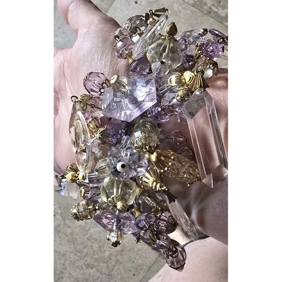 Mid Century Chunky Cha Cha‎ Expandable Bracelet Loaded w Pink Lucite Bead Charms - Picture 2 of 14